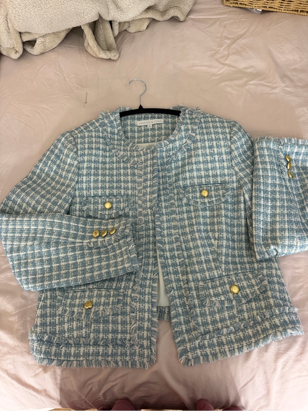 Preston & York Light Blue and White Tweed Girl's Jacket with Gold Buttons